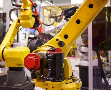 机器人的手机器器具在工业的制造工厂,blue蓝色照片